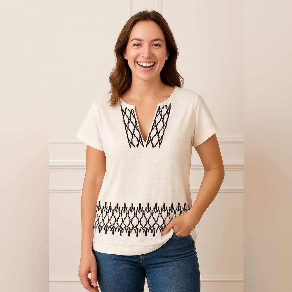J. Crew Factory geometric-trim Top V neck short sleeve boho 100% Cotton Size S